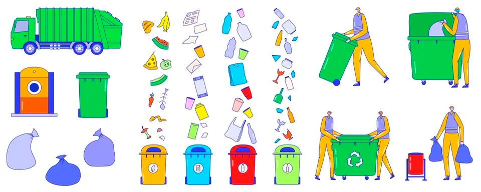 Garbage collection service, sorting trash icons, people flat cartoon characters Stock Illustration