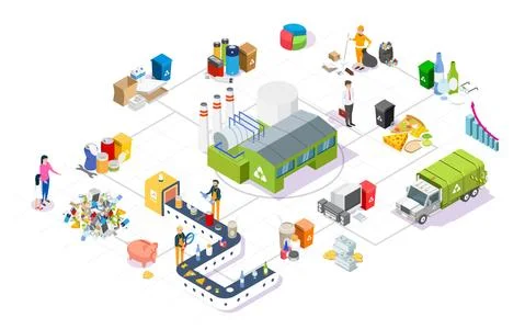 Garbage collection, sorting and recycling isometric flowchart, flat vector Stockillustratie