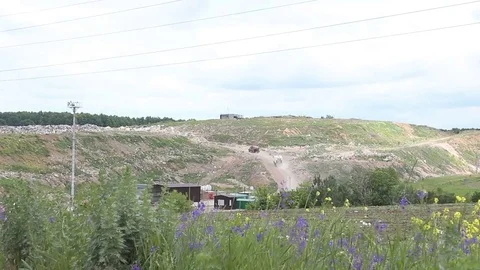 A garbage collector is driving through a city dump. Stock Footage 77361646