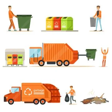 Garbage Collector At Work Series Of Illustrations With Smiling Recycling And Stock Illustration