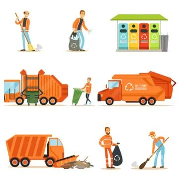 Garbage Collector At Work Set Of Illustrations With Smiling Recycling And Waste Stock Illustration