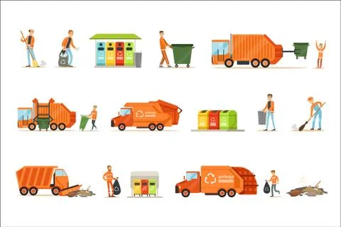 Garbage Collector At Work Set Of Illustrations With Smiling Recycling And Waste Stock Illustration