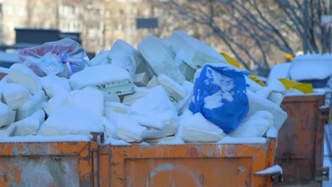 Garbage container covered with snow in 4k slow motion 60fps Stock Footage 149001000