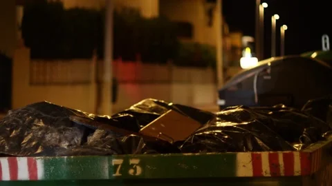 Garbage container at night, car traffic behind Stock Footage 328391038