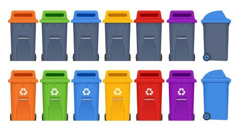 Garbage containers and types of trash. Recycle, recycled paper, food, waste, e Stock Illustration