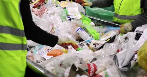 Garbage containers are indoors. A pile of various rubbish, plastic, cellophane Video stock 156080210