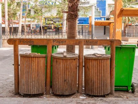 Garbage containers for collecting various garbage. Clean city. Stock Photos