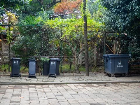 Garbage containers in the park. Infrastructure. Caring for the environment. Stock Photos