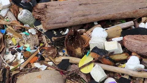 Garbage Dirt Plastic Poison Litter and Pollution on Beach Thailand. Stock Footage 247188710