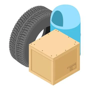Garbage disposal icon isometric vector. Car tire and parcel box near street urn 库存插图