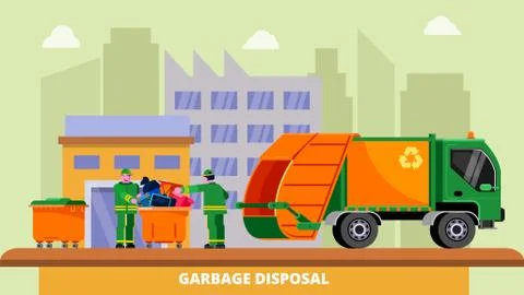 Garbage disposal recycling concept vector illustration. Waste truck removal Stock Illustration