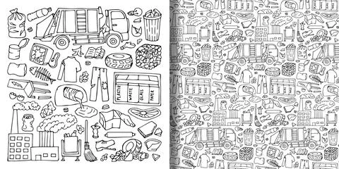 Garbage doodle objects set and seamless pattern Stock Illustration