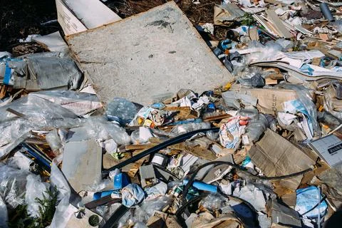 Garbage dump with construction rubbish and rubbish in the forest Stock Photos