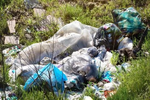 Garbage dump on the grass close up Foto stock