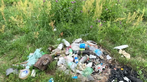 Garbage dump in Illegal location. People throw garbage near lake Stock Footage 252102783