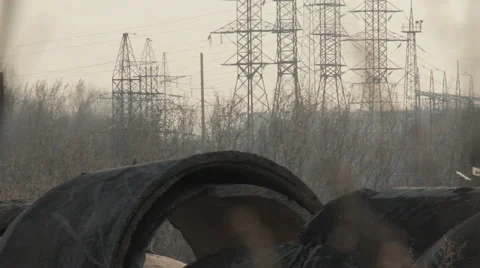 Garbage dump on the nature and power lines. Environmental problem Stock Footage 50896316