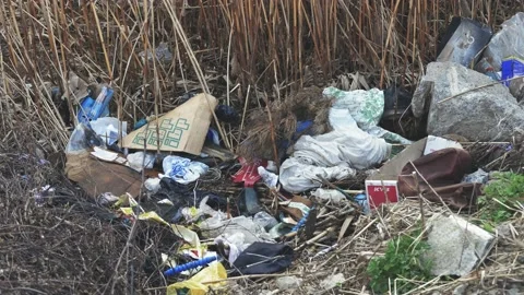 Garbage dump near the river. Ecological Problem. close-up. Illegal construction 動画素材 153086552