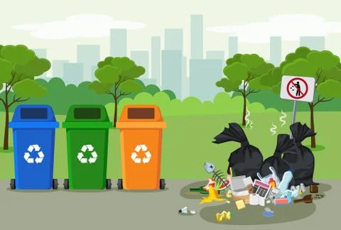 Garbage dump in park with rubbish bin for recycling near it. Different types of Illustration