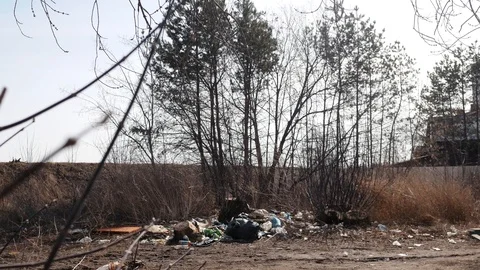 Garbage dump- plastic bags, bottles, glasses next to hemp Stock Footage 127387168