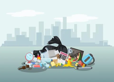 Garbage dump with rubbish for recycling. Different types of waste. Environmental Stock Illustration