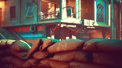 Garbage dump with ruined buildings after battle Vidéo 161546404