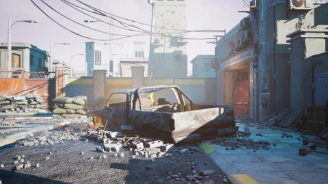 Garbage dump with ruined buildings after battle 動画素材 163044599