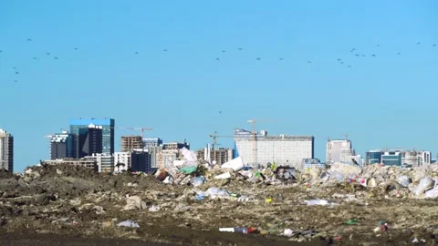 Garbage dump. Skyscrapers, construction site with crane and houses of big city 動画素材 164316550