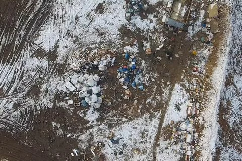 Garbage dump, top view of trash. Landfill. Stock Photos