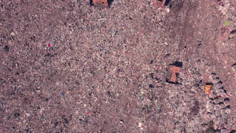 Garbage dump top view working people and bulldozers. Ukraine, the environmental Stock Footage 137496749