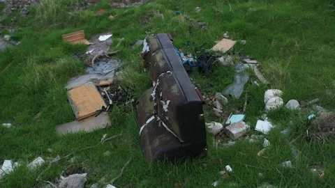 Garbage dump trash rubbish sofa aerial drone footage Vídeos de archivo 226983489