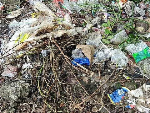 Garbage dumped on the side of a small road. Stock Photos