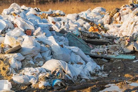 Garbage Dumping Area. Garbage dump with plastic bags and food waste. 库存照片