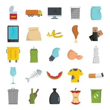 Garbage flat icons set vector illustration for design and web isolated on whi Stock Illustration