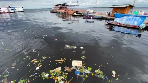 Garbage floating in Amazon waters in front of the city of Manaus, Brazil 4K Stock Footage 155690161