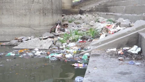 Garbage floating on Yamuna River water surface at Kalindi Kunj Ghat in Stock Footage 280569744