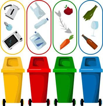 Garbage in garbage cans with sorted garbage. Stock Illustration