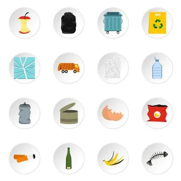 Garbage icons set, flat style Stockillustratie
