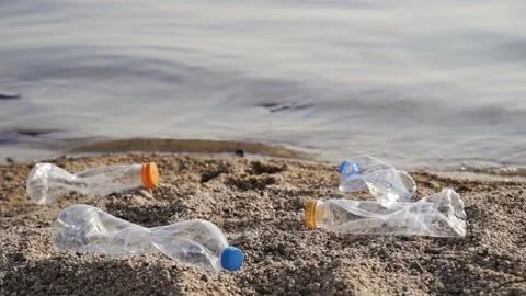 Garbage on the lake close-up. Empty plastic bottles lie by the water. 스톡 동영상 156725170