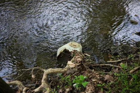 Garbage left behind in a creek. Stock Photos