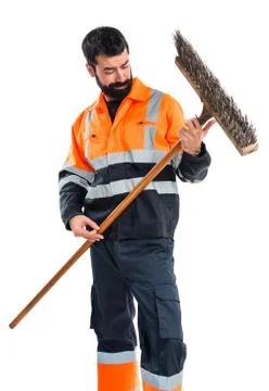 Garbage man making guitar gesture Stock Photos
