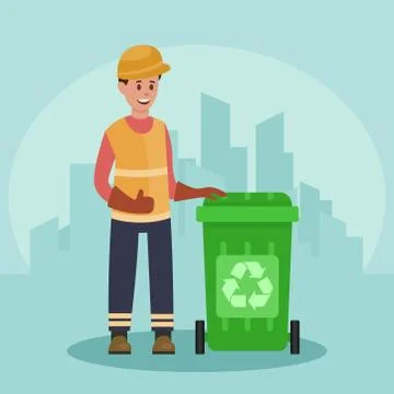 Garbage man with trash container. Recycling concept. City background. Flat Иллюстрация