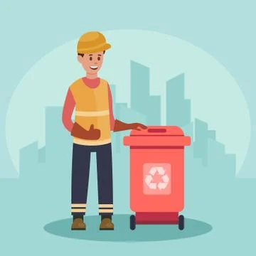 Garbage man with trash container. Recycling concept. City background. Flat Stock Illustration