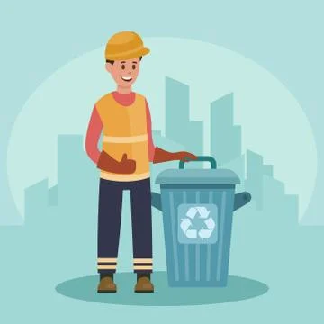 Garbage man with trash container. Recycling concept. City background. Flat Stock Illustration