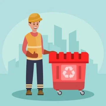 Garbage man with trash container. Recycling concept. City background. Flat Иллюстрация