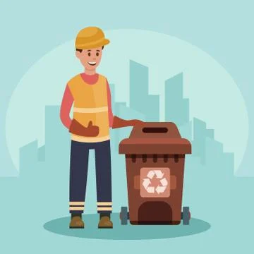 Garbage man with trash container. Recycling concept. City background. Flat Иллюстрация