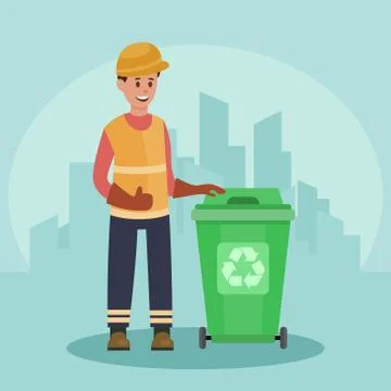 Garbage man with trash container. Recycling concept. City background. Flat Stock Illustration