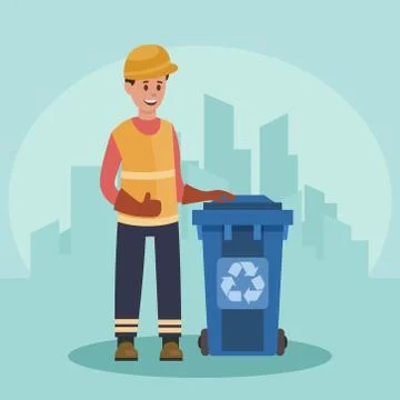 Garbage man with trash container. Recycling concept. City background. Flat Иллюстрация