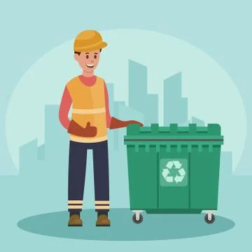 Garbage man with trash container. Recycling concept. City background. Flat Иллюстрация