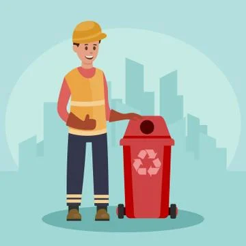 Garbage man with trash container. Recycling concept. City background. Flat Иллюстрация