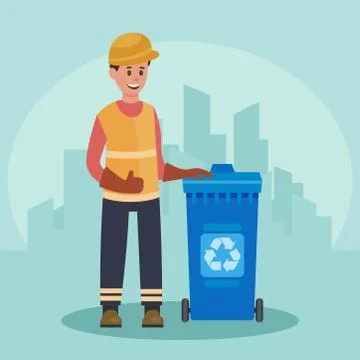 Garbage man with trash container. Recycling concept. City background. Flat Stock Illustration